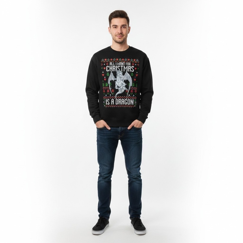 Port Company Mens All l Want For‎ Christmas Is A Dragón ugly Xmas Sweatshir 2XL